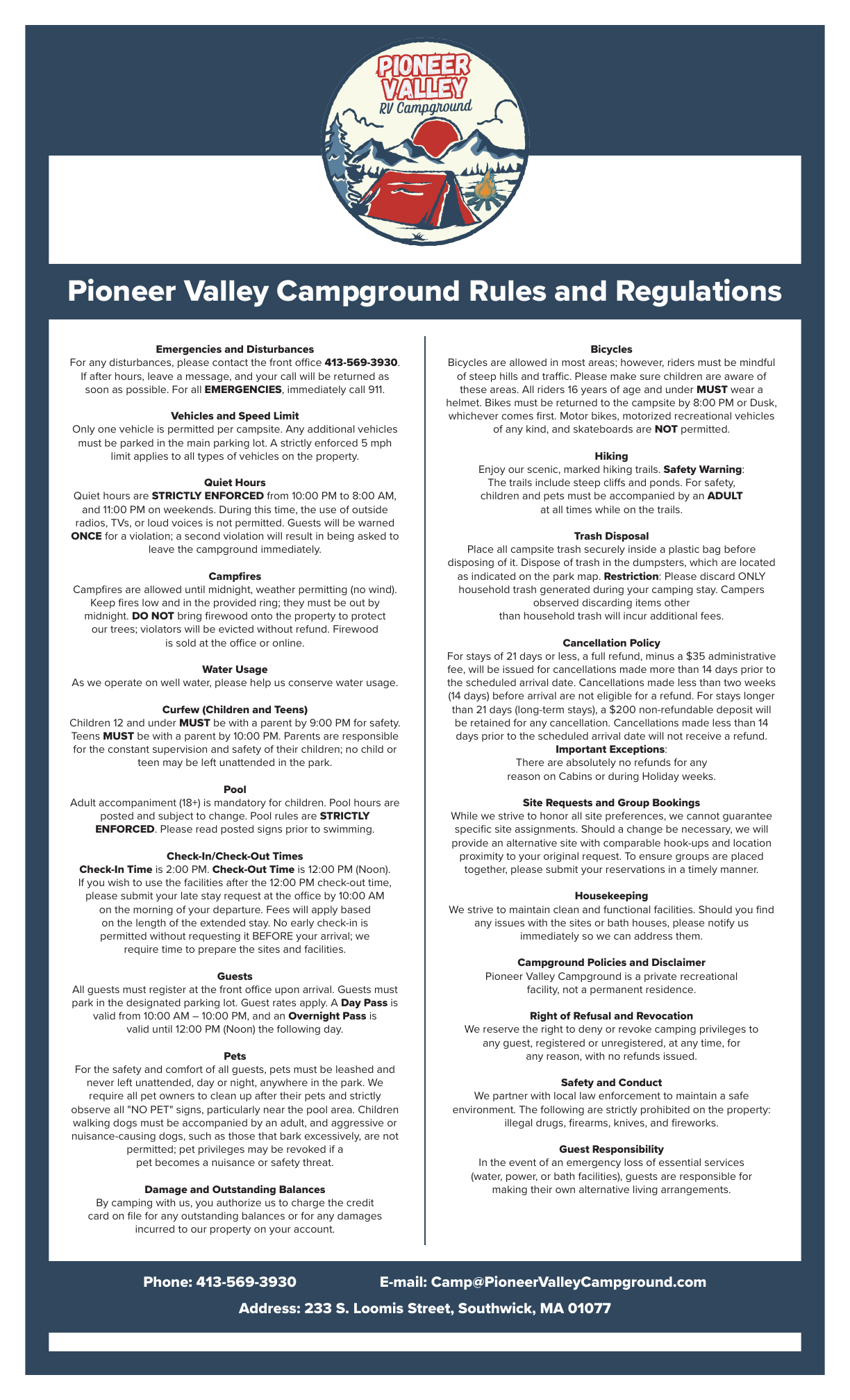Pioneer Valley RV Campground rules and regulations